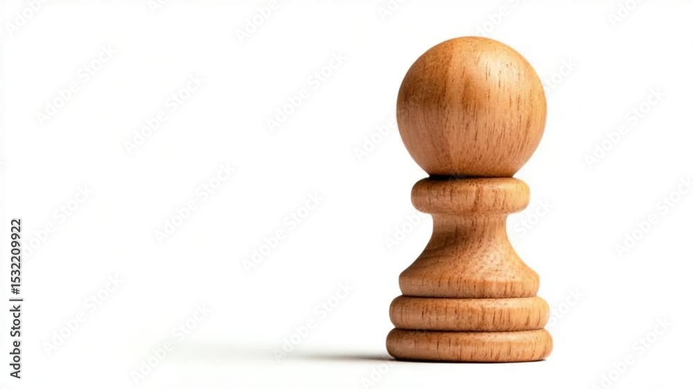Wooden chess pawn standing upright on a clean white surface, emphasizing simplicity and design Wooden chess pawn standing upright on a clean white surface, emphasizing simplicity and design