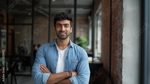 Indian startup looks at the camera with a smile. At a business meeting, the businessman exudes confidence.