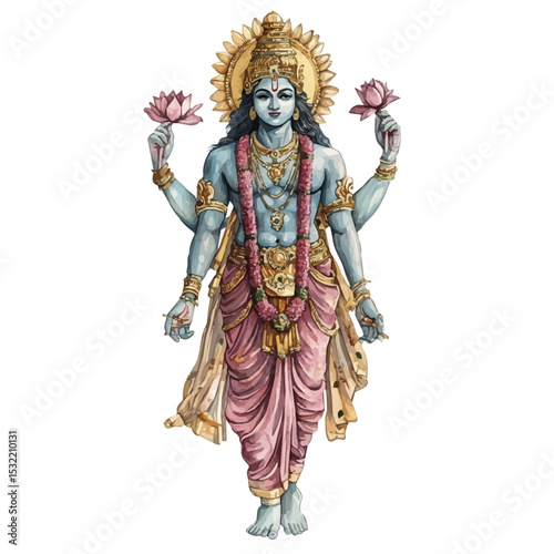 Vishnu Hindu Mythology, watercolor painting vector, high quality, isolated on a white background.