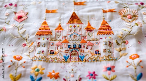 A whimsical embroidery design of a fairy tale castle with towers and banners, surrounded by flowers, on a white fabric.