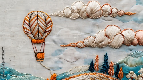 A whimsical embroidery design of a hot air balloon floating over a scenic landscape, captured on a light fabric background.