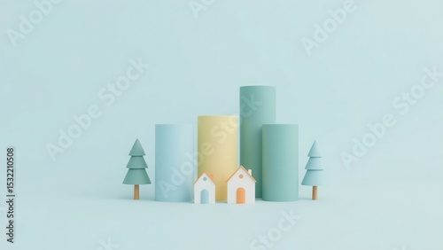 Pastel minimalist scene with houses and trees cylinders background