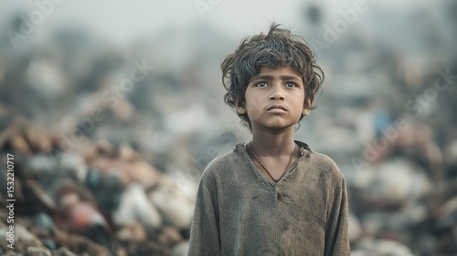 Child in poverty at landfill site.
