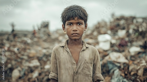 Child in poverty at landfill site.