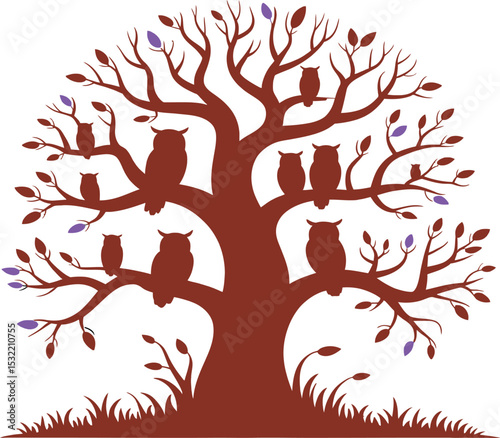 Silhouette illustration of a tree with owls perched on branches and purple leaves on a white background