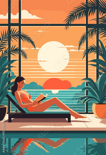 Woman Relaxing by Poolside at Sunset with Tropical Plants and Ocean View in Vibrant Illustration Art Style