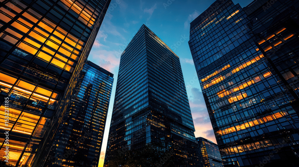 Obraz premium A city skyline at dusk with tall buildings illuminated with orange and blue lights.