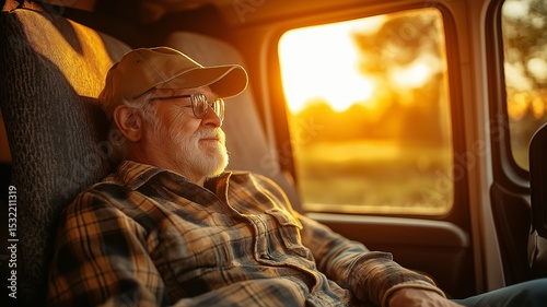 Seniors enjoying a road vacation in a camper van while resting in sunlight.