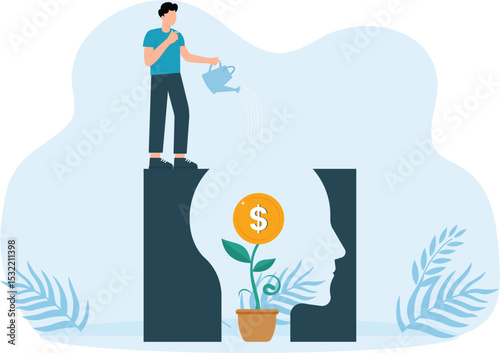 Stimulating thinking to make money. Man watering coin plant and head silhouette with money tree, invest to earn profit, businessman growing idea for business growth,

