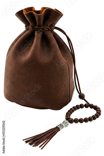 Brown leather drawstring pouch with prayer beads isolated on a transparent background