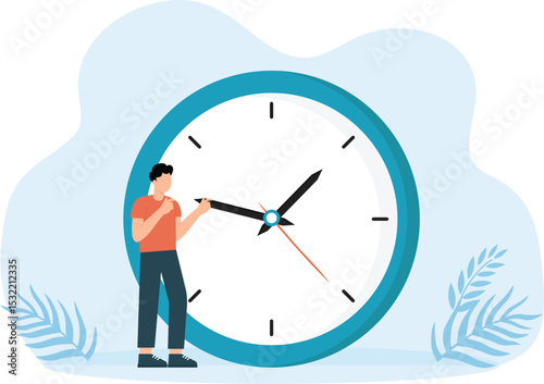 Changing to summer or winter time and man changes hand of clock. Wintertime and summertime setting. Clock to one hour back or forward.

