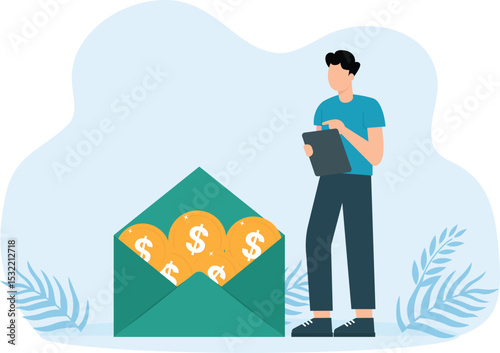Guy got letter notifying him of payment. Happy man with golden coins in envelope and Salary increase and money payroll and compensation income and Charity and donation.

