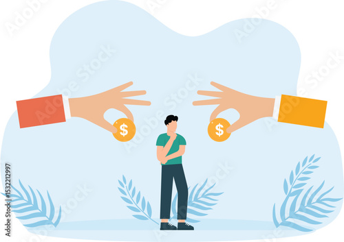 Man chooses between an offered dollar and bitcoin. Cryptocurrency and traditional money. Businessman making decision and Difficult choice,