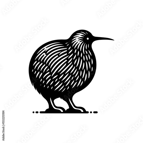 Distinctive New Zealand kiwi bird silhouette logo with detailed plumage patterns in bold monochrome vector illustration