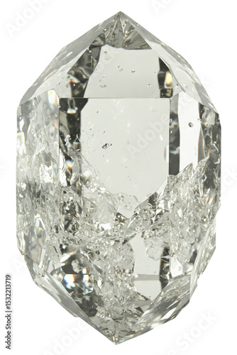 Clear quartz crystal with internal cracks isolated on a transparent background