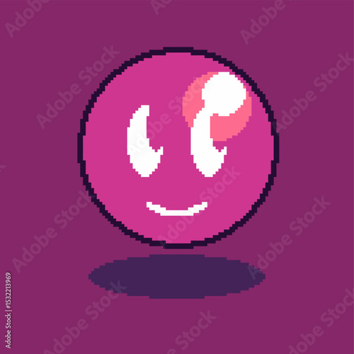 Pink Floating Smiling Face, Simple Dark Backdrop, Pixel Art Style