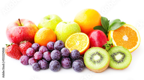 A colorful assortment of fruits including apples, oranges, and kiwi, arranged on a white background.