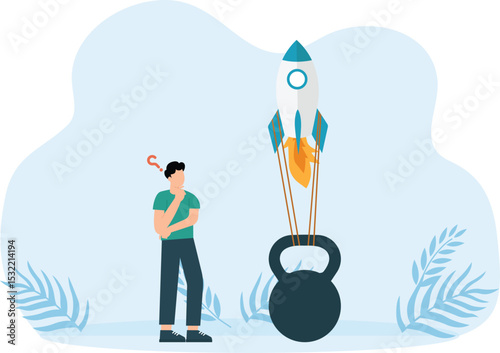 Problem or nuisance preventing start up, frustrated businessmen look at cargo preventing rocket from taking off and Economical crisis.