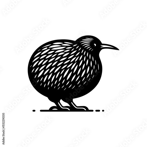 Minimalist black kiwi bird logo featuring authentic plumage texture and accurate beak profile in clean vector art