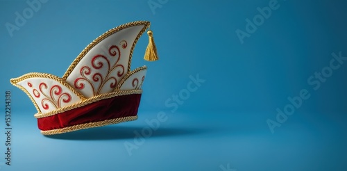 Karneval Prinzenmütze in Rot-Weiß mit Goldborte auf blauem Hintergrund