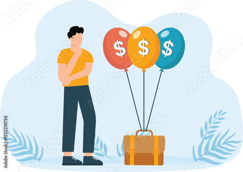 Businessman inflates balloons with money symbol in air and Rich man earn profit. Reduced buying power and Investment and trading.