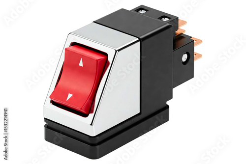 Red and chrome electrical rocker switch isolated on a transparent background