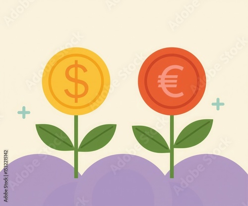 Dollar and euro currency growing as plants representing financial growth and investment