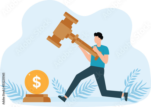 Businessman forges money on anvil. Employee or entrepreneur make coins. Profit and income and Investment and cryptocurrency mining blacksmith forging concept