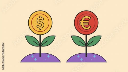 Financial growth concept illustration with dollar and euro currency flowers