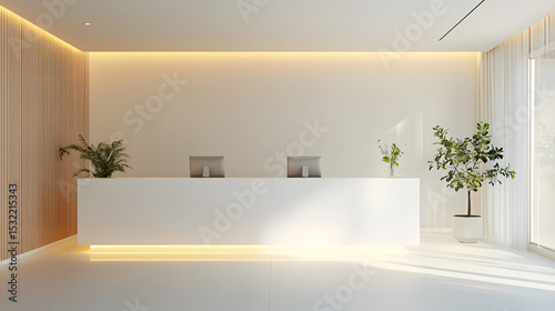 Reception Clinic Desk concept. Modern reception area with minimalist design and plants.