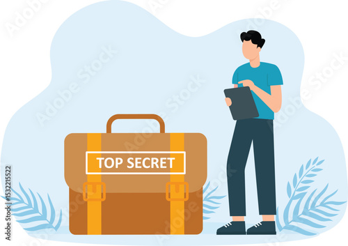 Man hands over secret documents in briefcase and receives letter envelope of money in return. Confidential information and safe and seal files concept