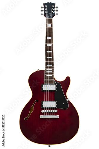 Red electric guitar with a hollow body isolated on a transparent background