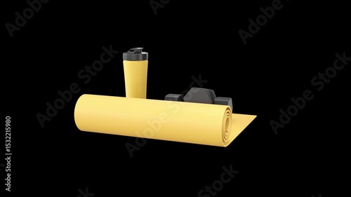 Concept health and beauty. Fitness Gym training and home exercise and fitness equipment. Dumbbells, bob, yoga mat and bottle. Tools for healthy lifestyle, wellbeing. Levitation of a group of objects
