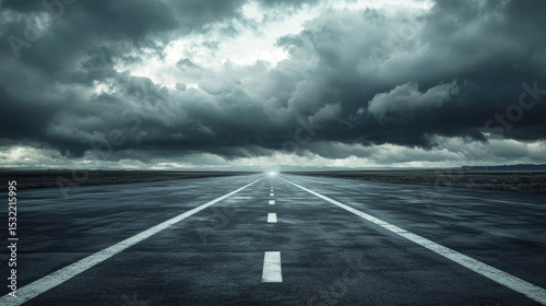 A dark, stormy sky with ominous clouds and a single, bright light at the end of a long, empty road.