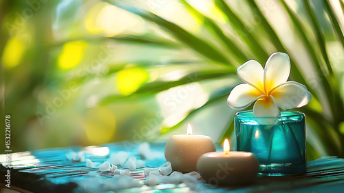 Two candles with a white flower in a glass jar on a wooden table with green leaves in the background.