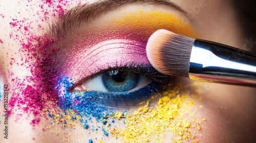 A person applying colorful eye makeup with a brush on their eye.