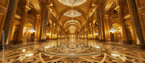 The intricate mosaic patterns and luxurious golden finishes of the Emirates Palace's main hall, lit by the soft glow of crystal chandeliers. 40k, full ultra hd, high resolution