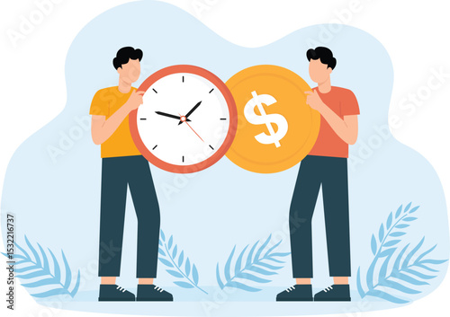Exchanging time and effort for money and getting paid for work. Men hold huge clock and cold coins. Cost of hour metaphor and Working minutes concept
