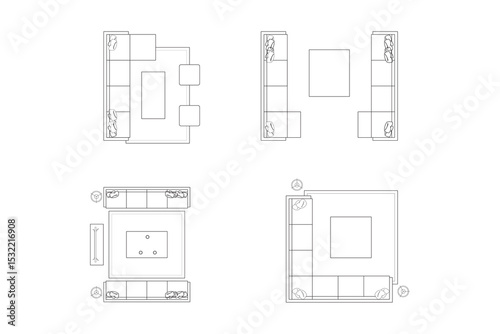 Collections Minimalist Sofa and Living Area Floor Plans. Vector Lines Black on White Background. 1