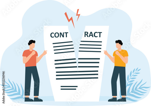 Two businessmen tear contract and business agreement in half. ending cooperation and relationships. conflict or misunderstanding and Angry men break documents.
