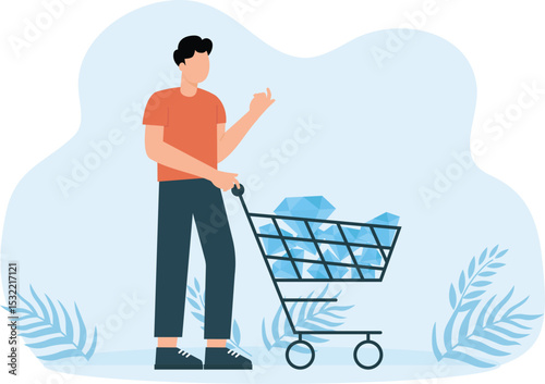 Businessman running with cart full of diamonds as symbol of highly profitable business. Rich man running entrepreneur pushing wheelbarrow with gems concept
