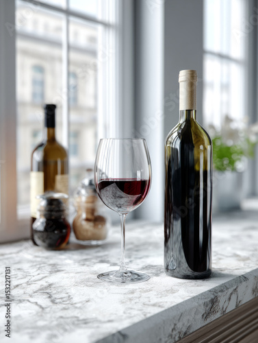 Red wine bottle and glass on marble countertop by window.