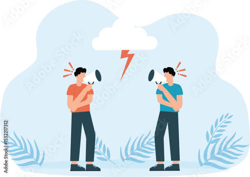 Businessman yelling and fighting. Misunderstanding in relationships and loudspeaker concept
