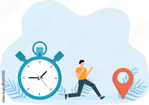 Man running through town and late for meeting. Modern carrying stressed and Huge watch and speed run concept
