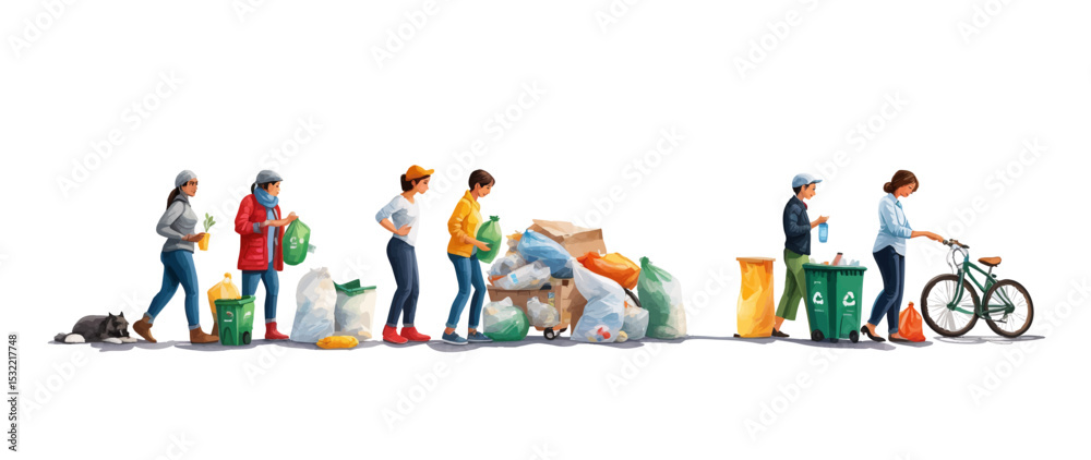 Fototapeta premium Watercolor Style – Volunteers Collecting Garbage and Sorting Waste: Silhouettes of Teams Cleaning Up Plastic for Environmental Conservation and Climate Action | Vector Illustration.