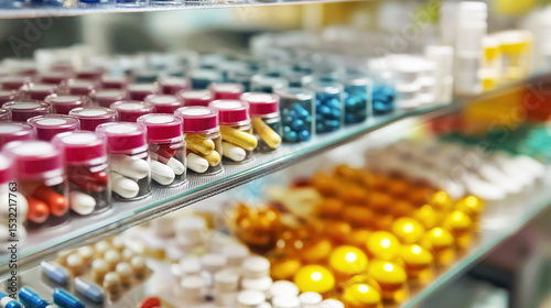 A variety of colorful pills and capsules displayed on a pharmacy shelf.