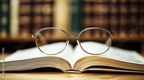 A pair of glasses resting on an open book with a blurred background of books.
