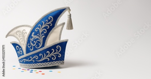 Blaue Karneval Prinzenmütze mit Silberstickerei und Konfetti auf weißem Hintergrund