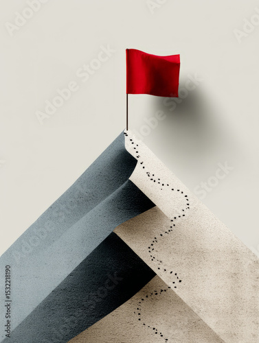 Minimalist mountain with red flag and footsteps in sand.