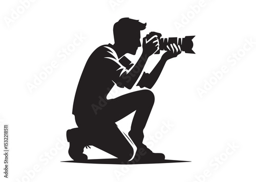 A man is crouching down and taking a picture with a camera Silhouette Vector